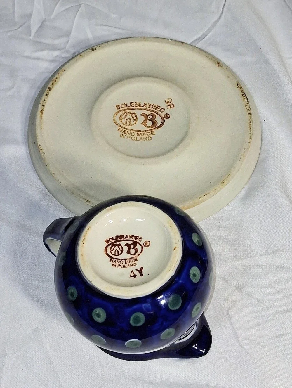 Set Of 2 Cobalt Blue Boleslawiec Saucers with Matching Creamer and Sugar Bowl - Picture 2 of 9
